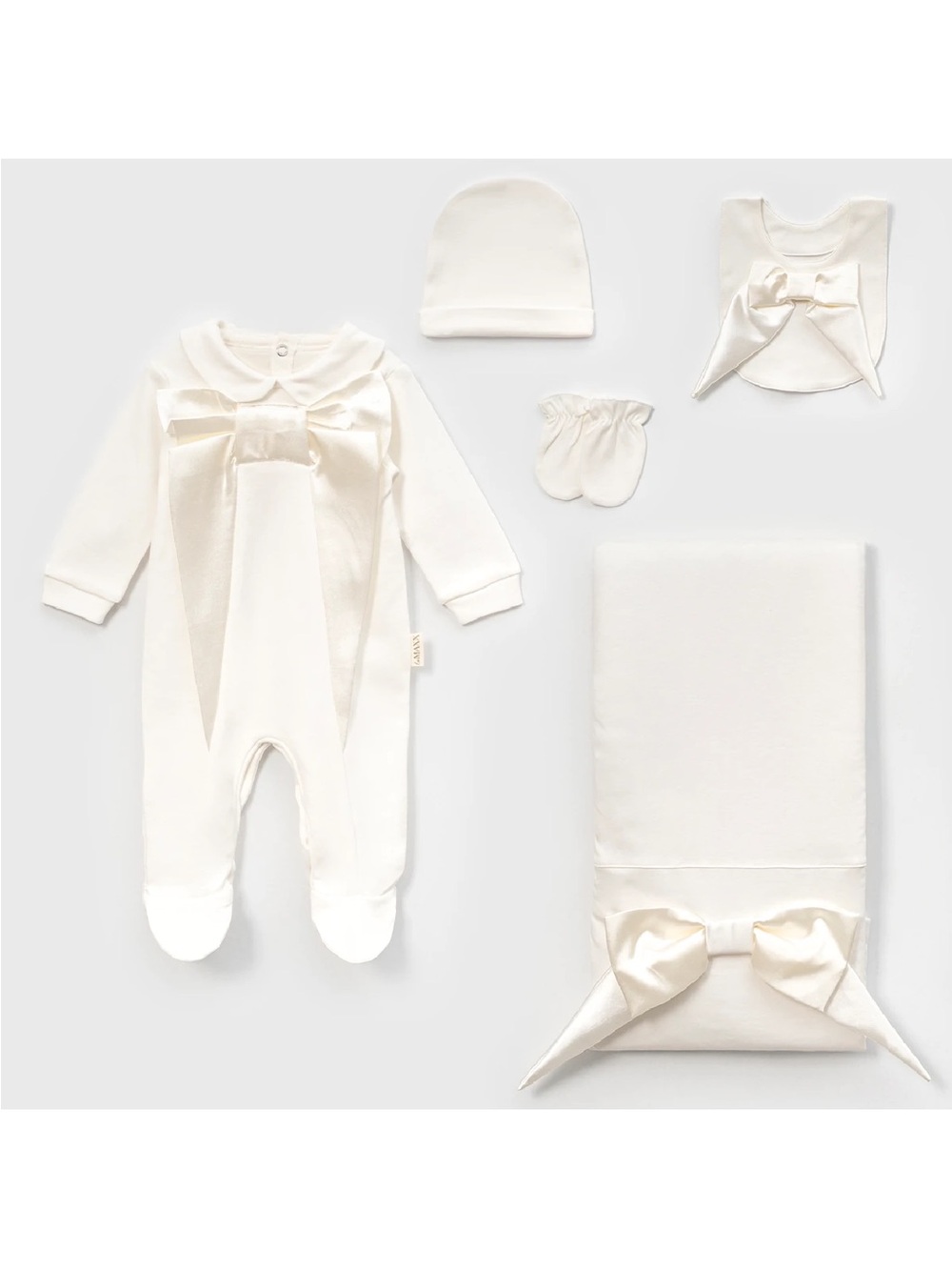 Baby Girl Ivory Bow Romper Set with Hat, Bib, Mittens & Blanket